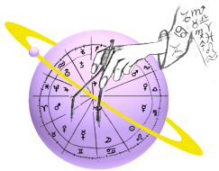 Arm mit Zirkel auf astrologischer Kugel mit umlaufender Eclipse